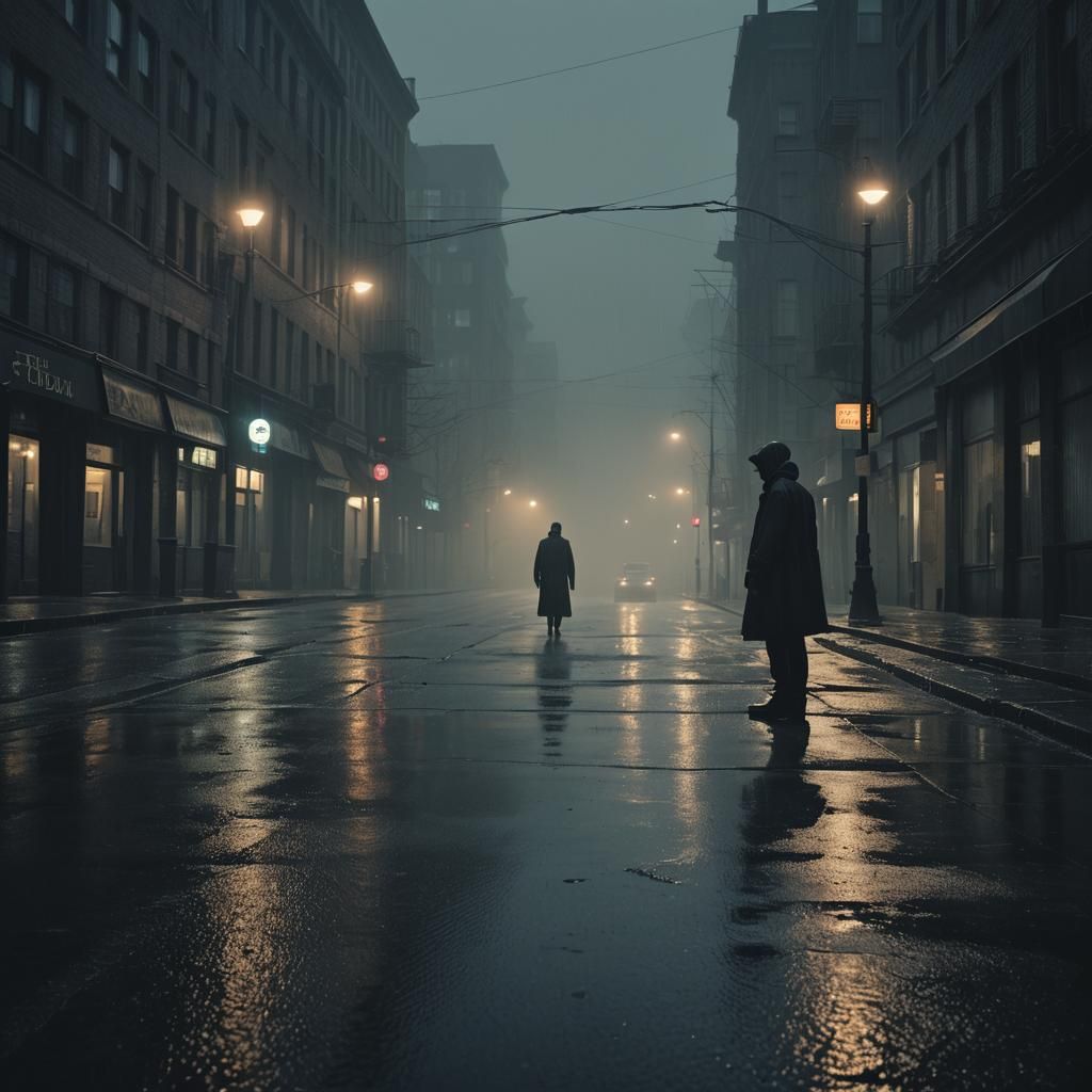 Dark Cinematic Scene on a Rainy Street