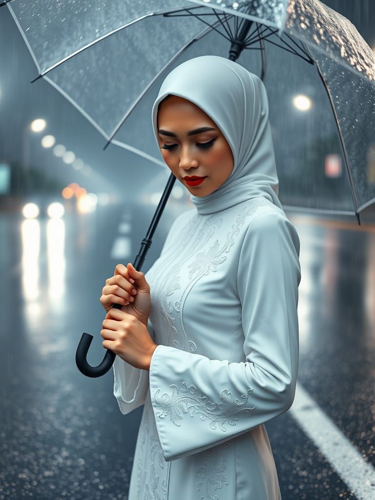 Malay Woman in Digital Setting, Baju Kurung, and Umbrella in...