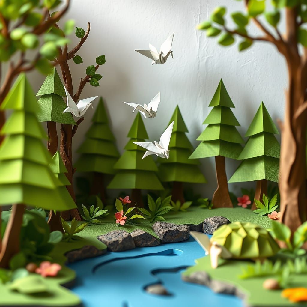Origami Forest Scene with Paper Cranes and Tortoise