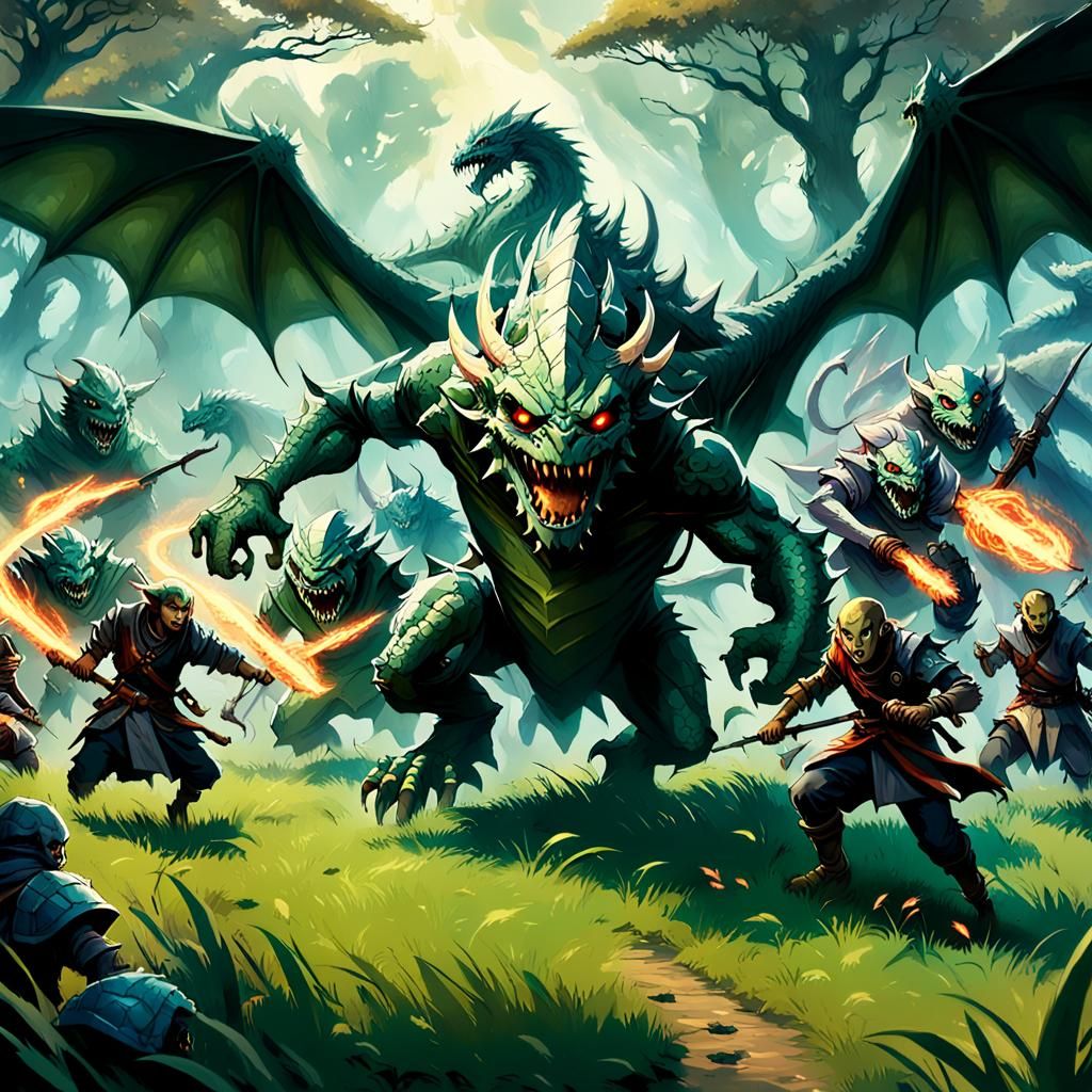 Epic Fantasy Battle: People vs Dragon in Oil Painting Style