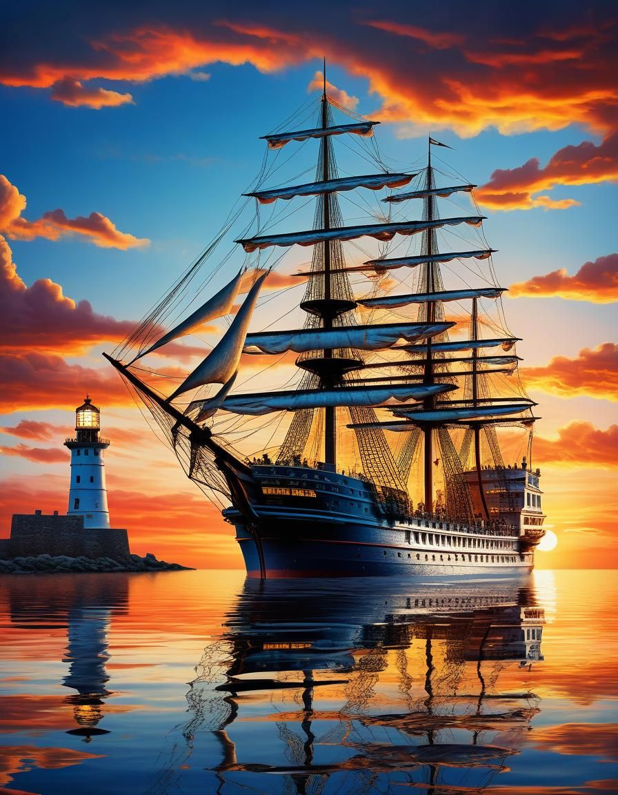 Majestic Ship Sailing on Tranquil Sunset Waters
