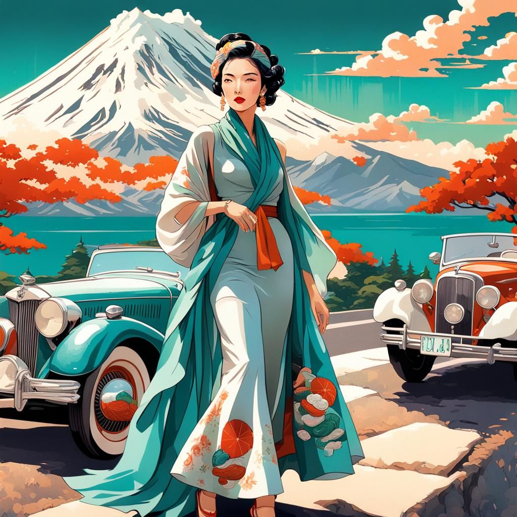 Vintage Travel Poster: Asian Woman with Mount Fuji
