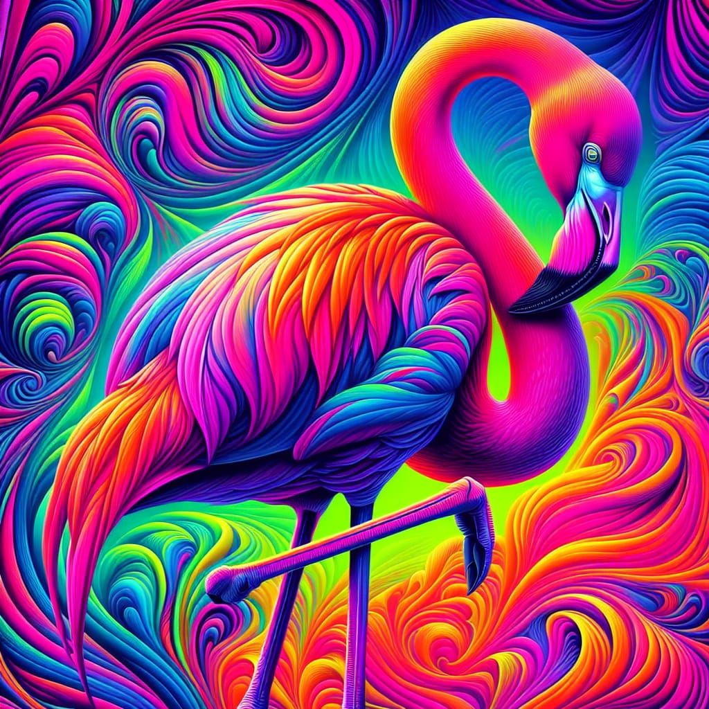 Psychedelic Flamingo in Kaleidoscopic Dreamscape