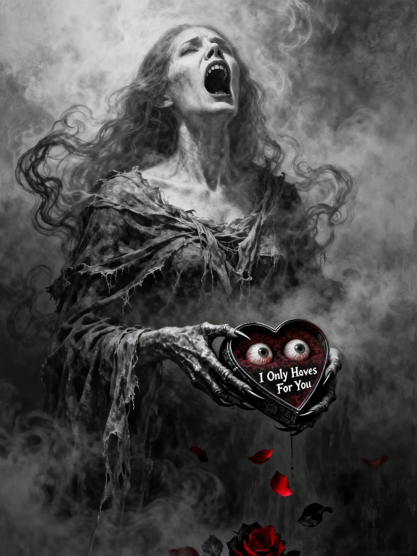 Spectral Figure Screams from Mist, Holding Eyeballs