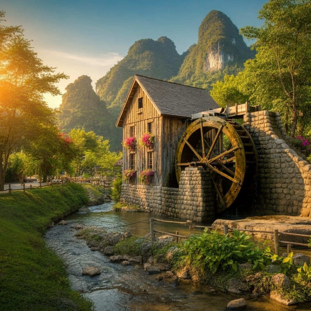 Rustic Waterwheel Cottage in Bloom