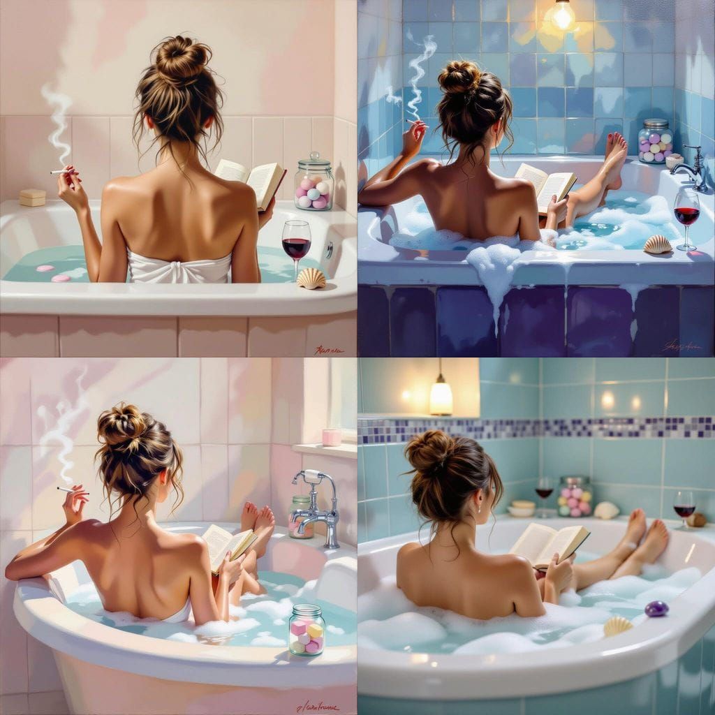 Woman Relaxing in Bubble Bath, Impressionist Pastel Painting