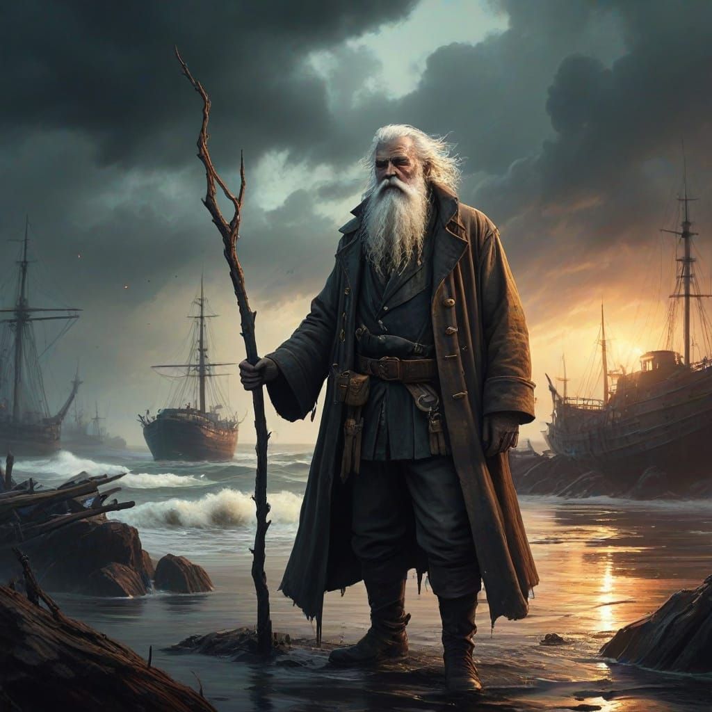 Ghostly Sailor on Harbor in Watercolor Style