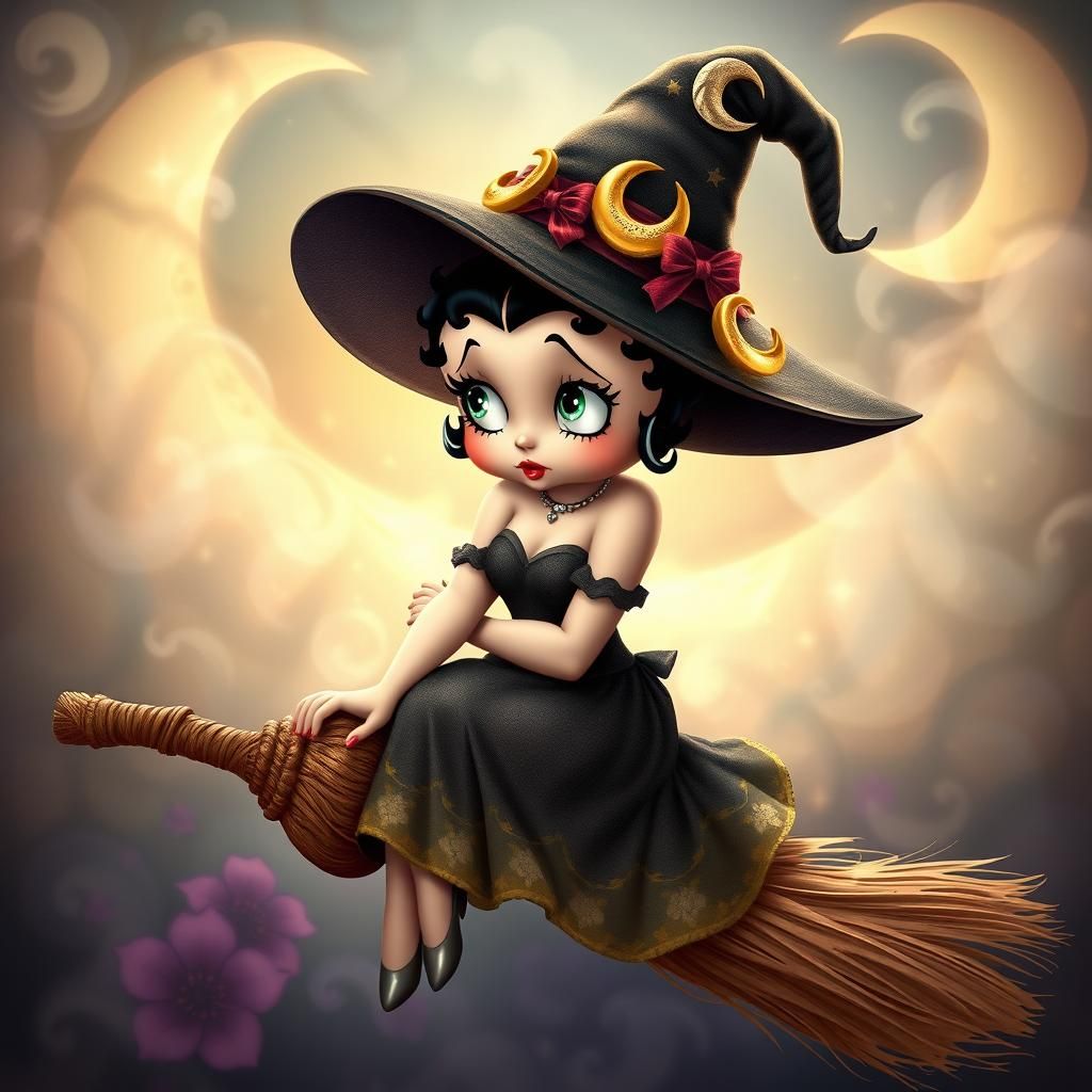 Whimsical Witch Sits on a Floral Broom