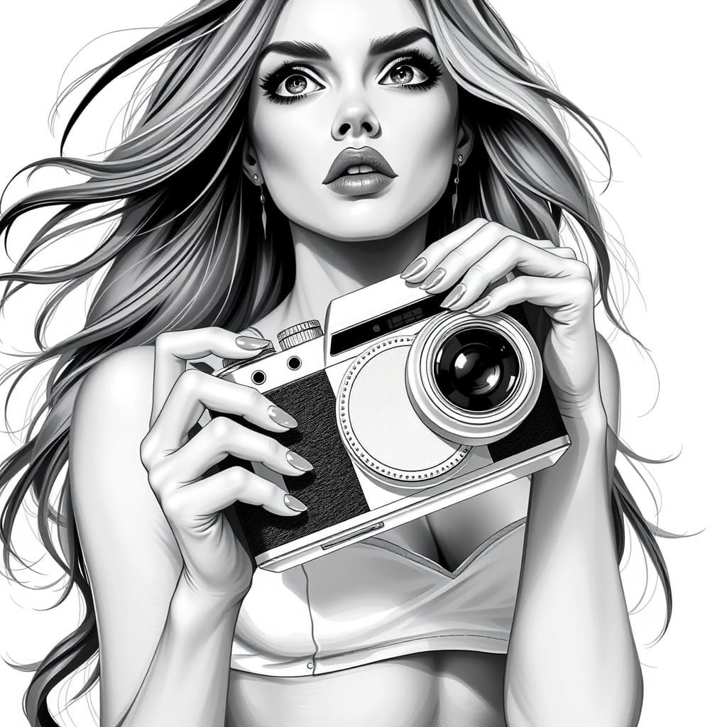 Woman with Retro Camera: Detailed Black and White Drawing
