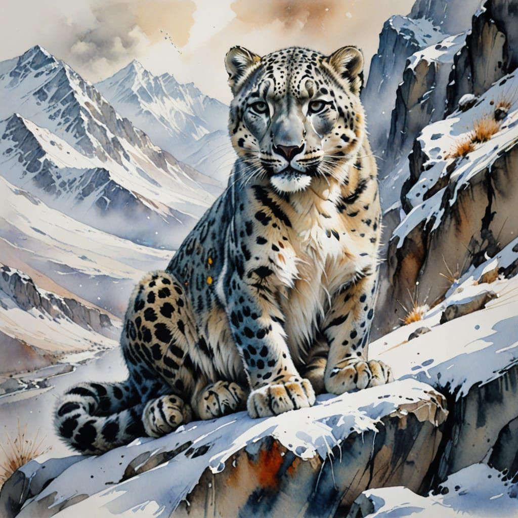 Snow Leopard Crouched in Snowy Mountains, Watercolour Style