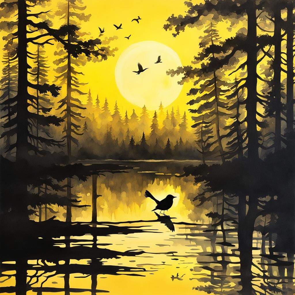 Yellow Warbler Silhouette in Misty Forest, Gouache Style
