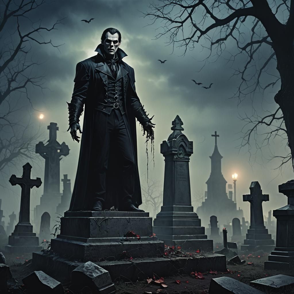 Vampire's Victory in Foggy Graveyard: Dark Fantasy Illustrat...