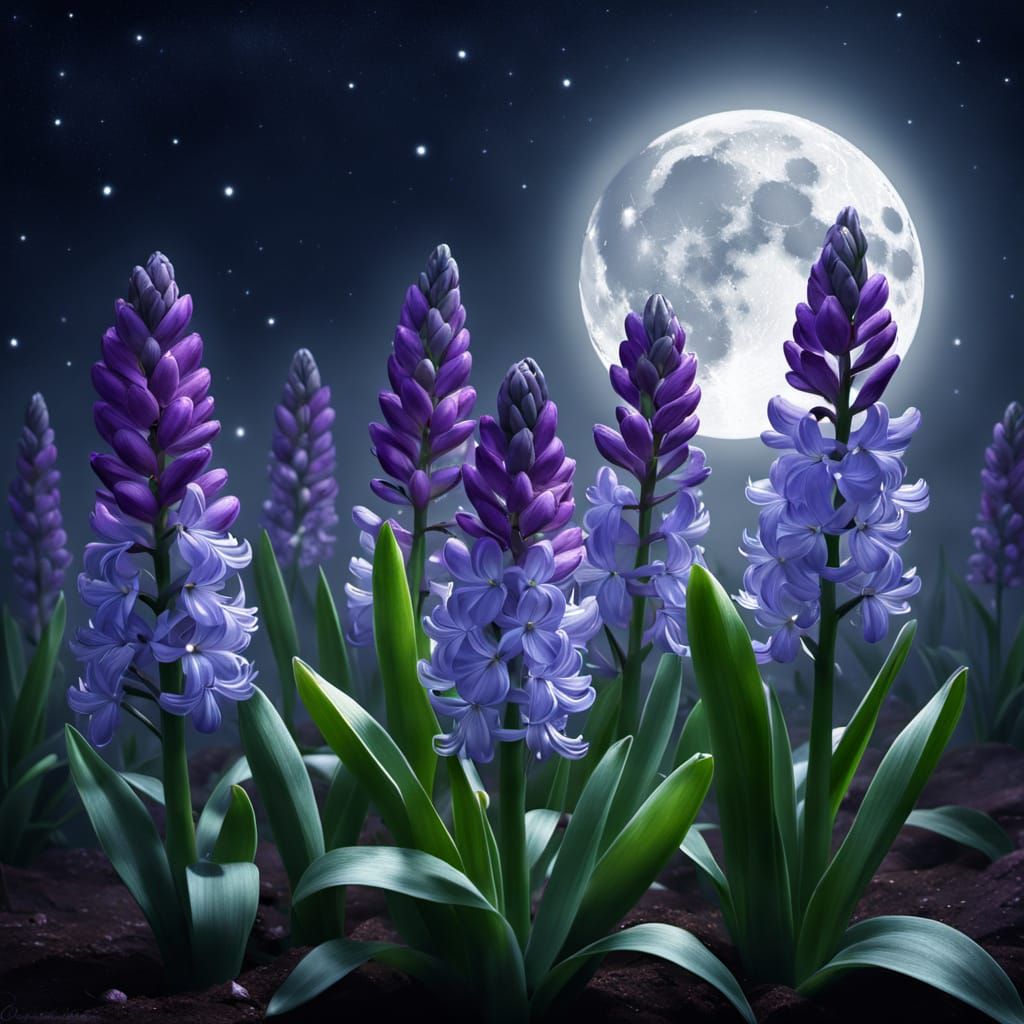 Mystical Purple Hyacinth Blooms Under Full Moon