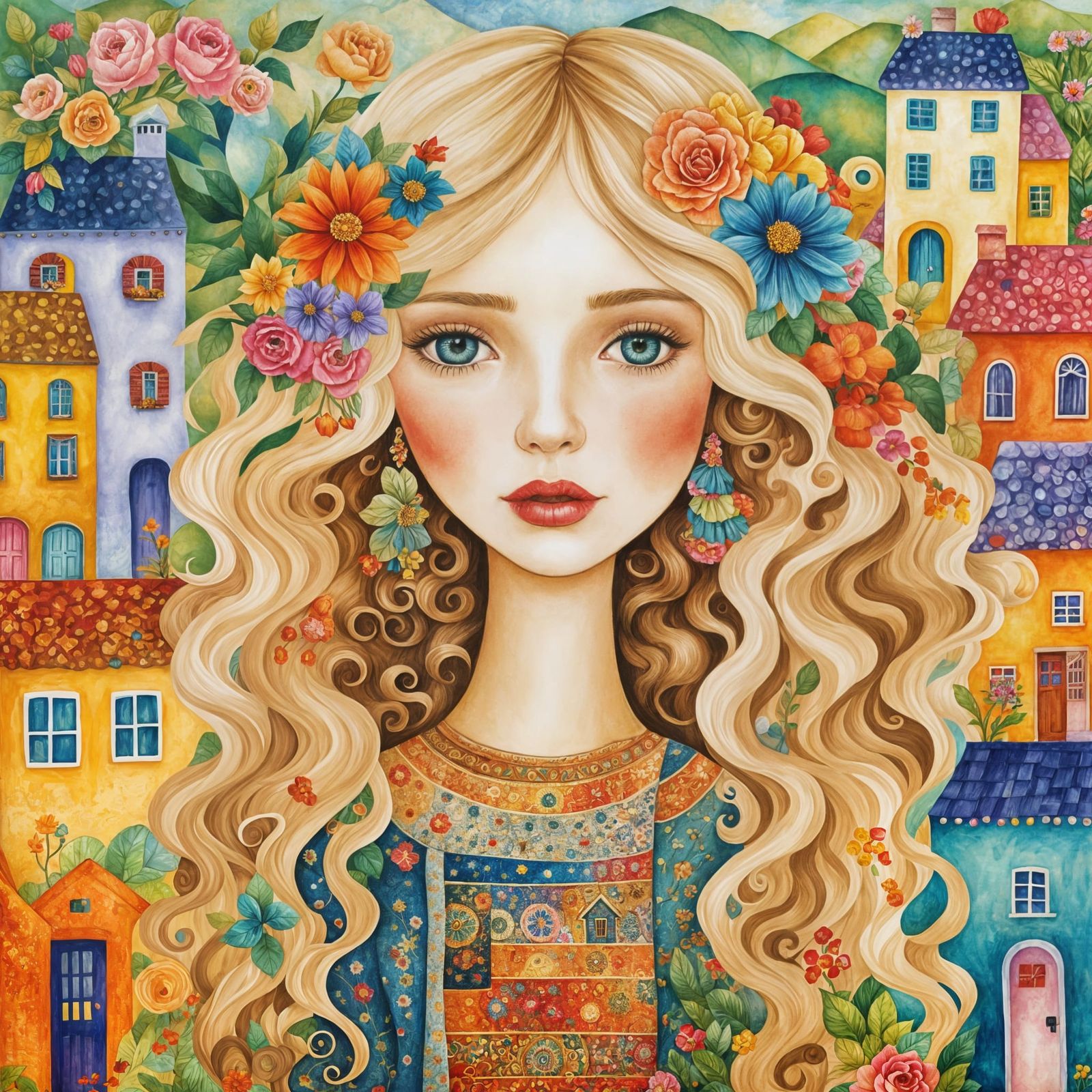 Decoupage Girl Portrait in Klimt-Inspired Folk Art