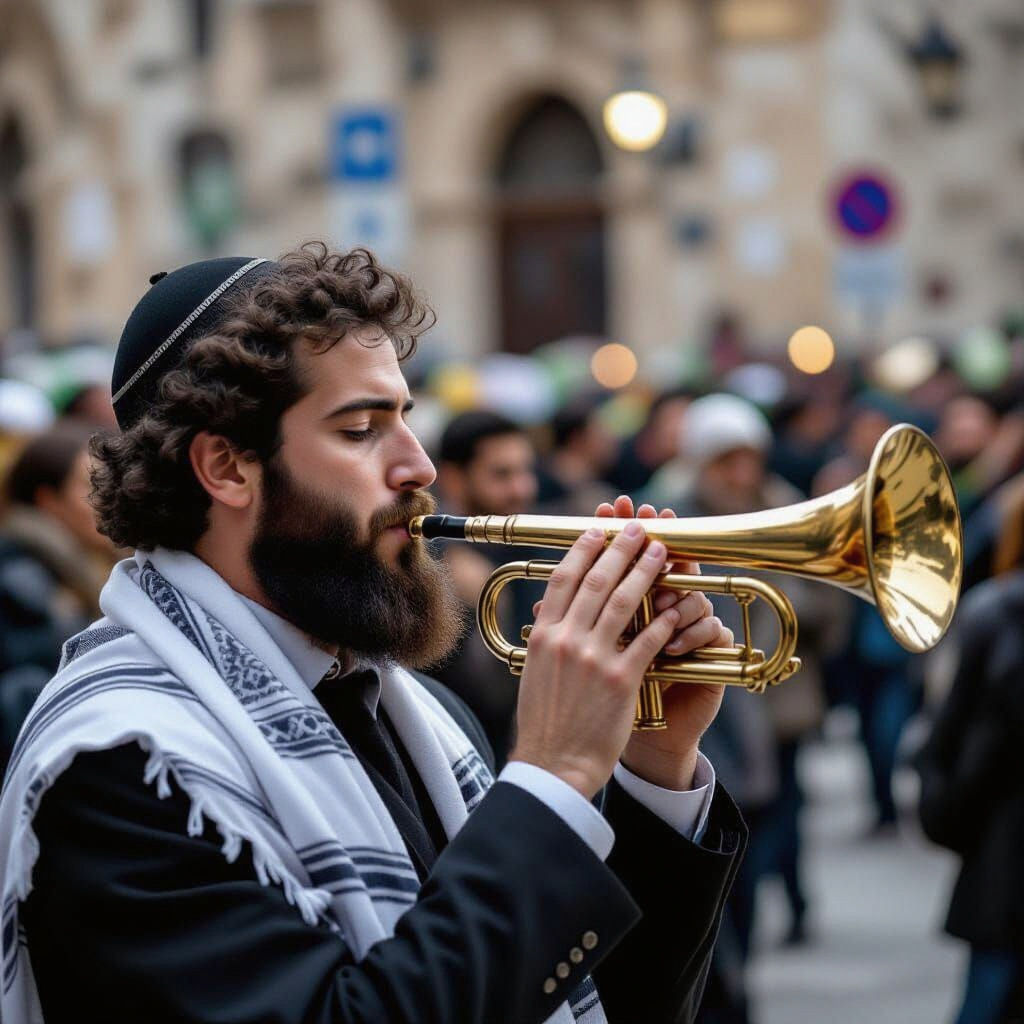 Jewish Man Blowing Shofar with Tallit and Tefillin