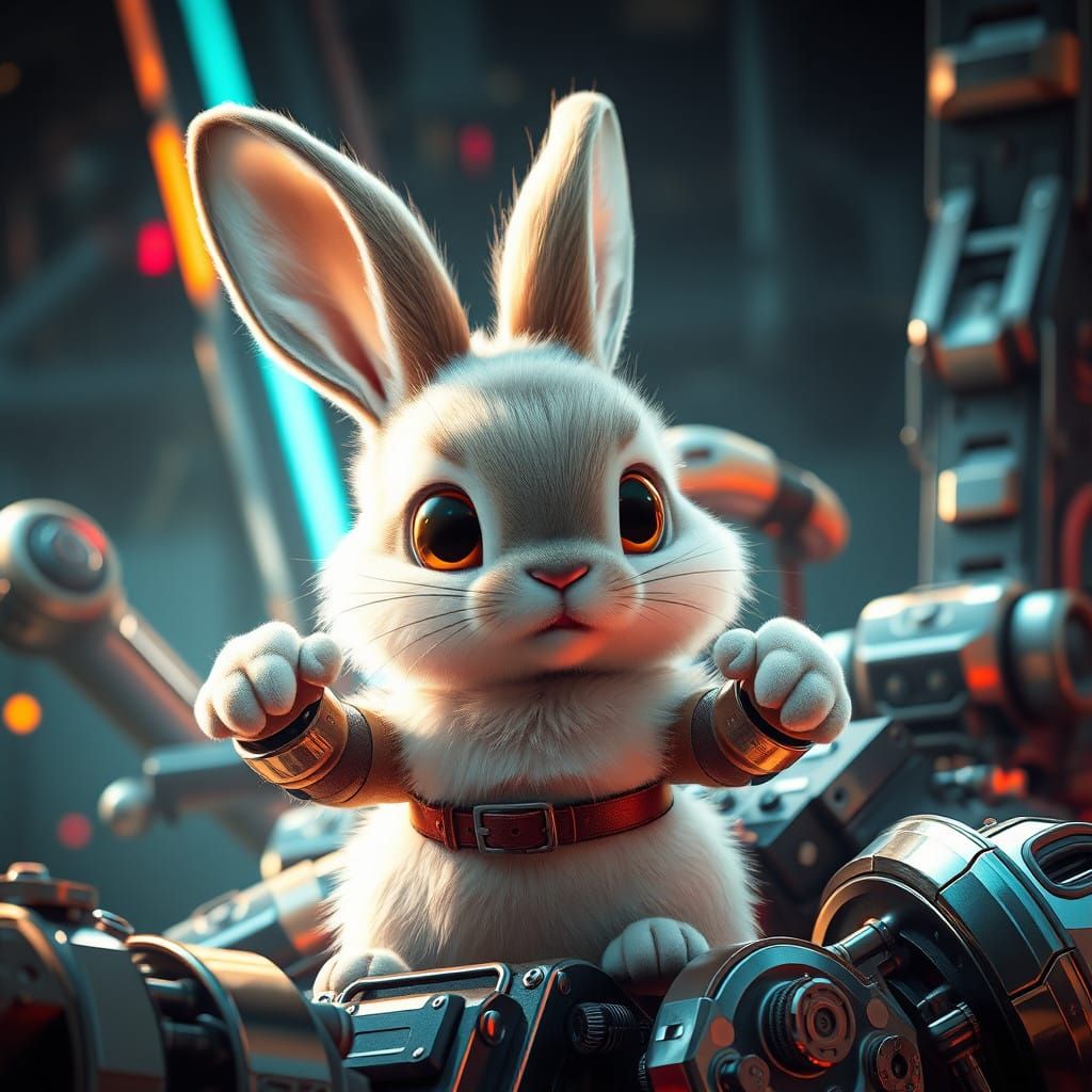 Heroic Rabbit in Futuristic Sci-Fi Landscape