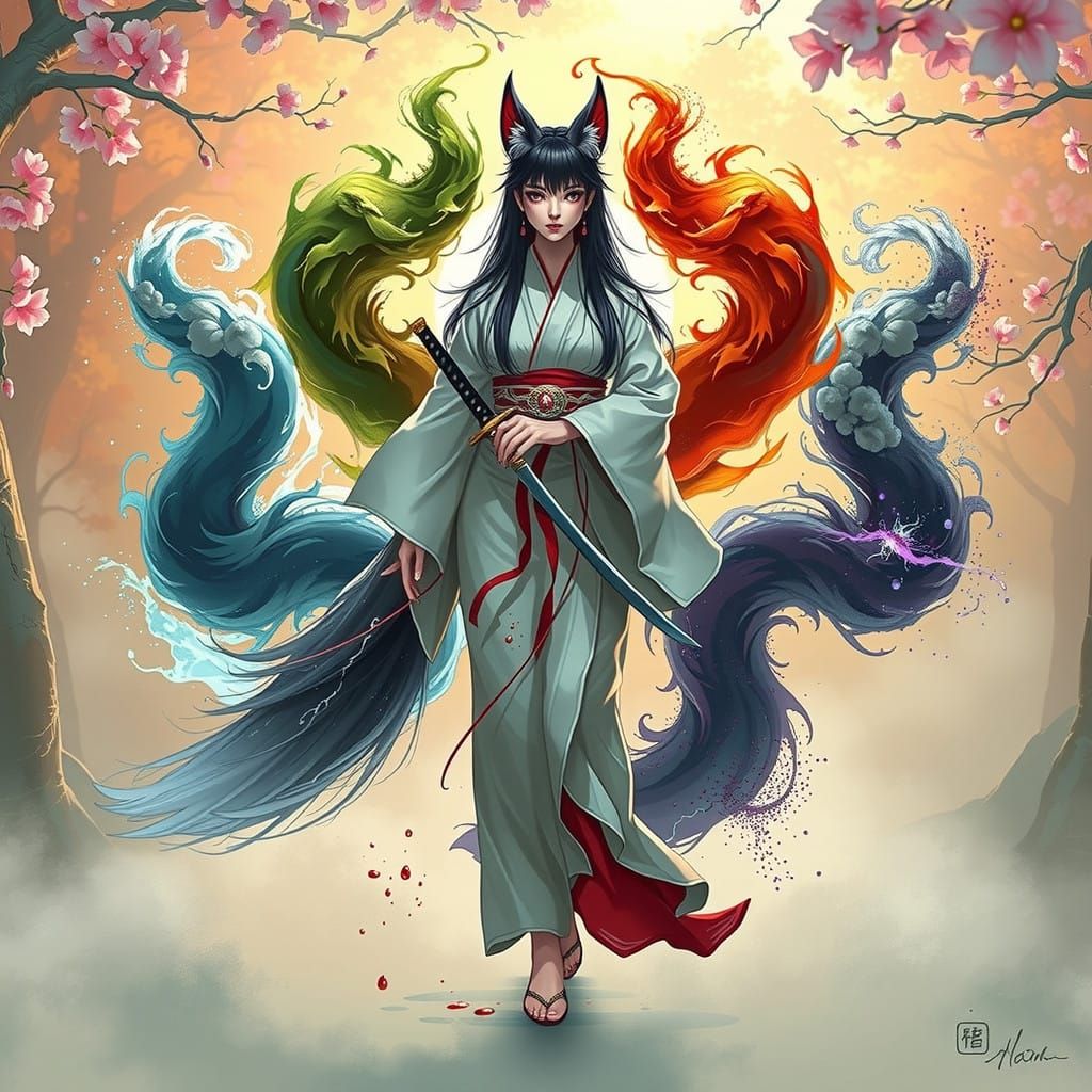 Majestic Kitsune in Vibrant Kimono, Elegant Fox Tails, and C...