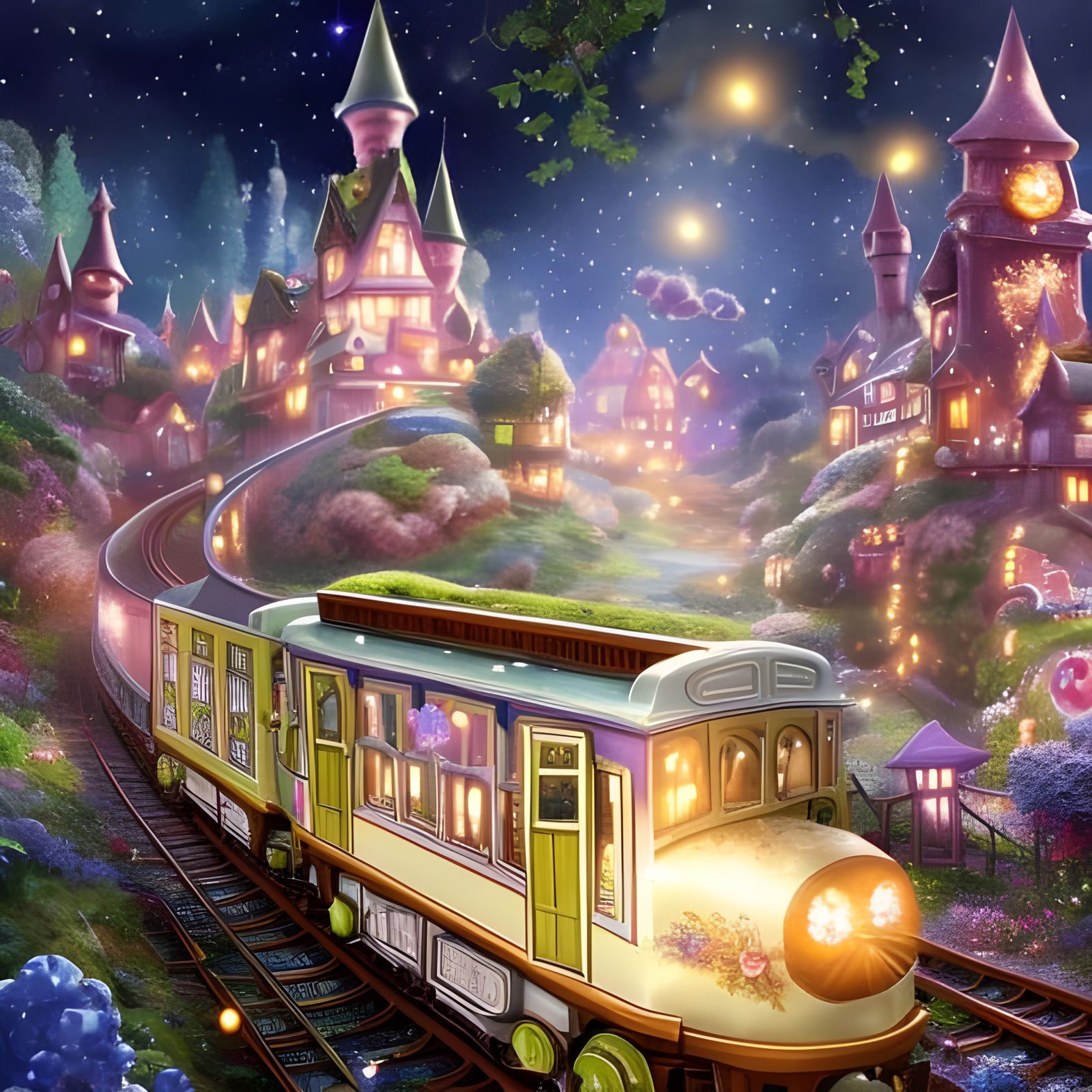 Crystalline Magic Train Through Fairy Village