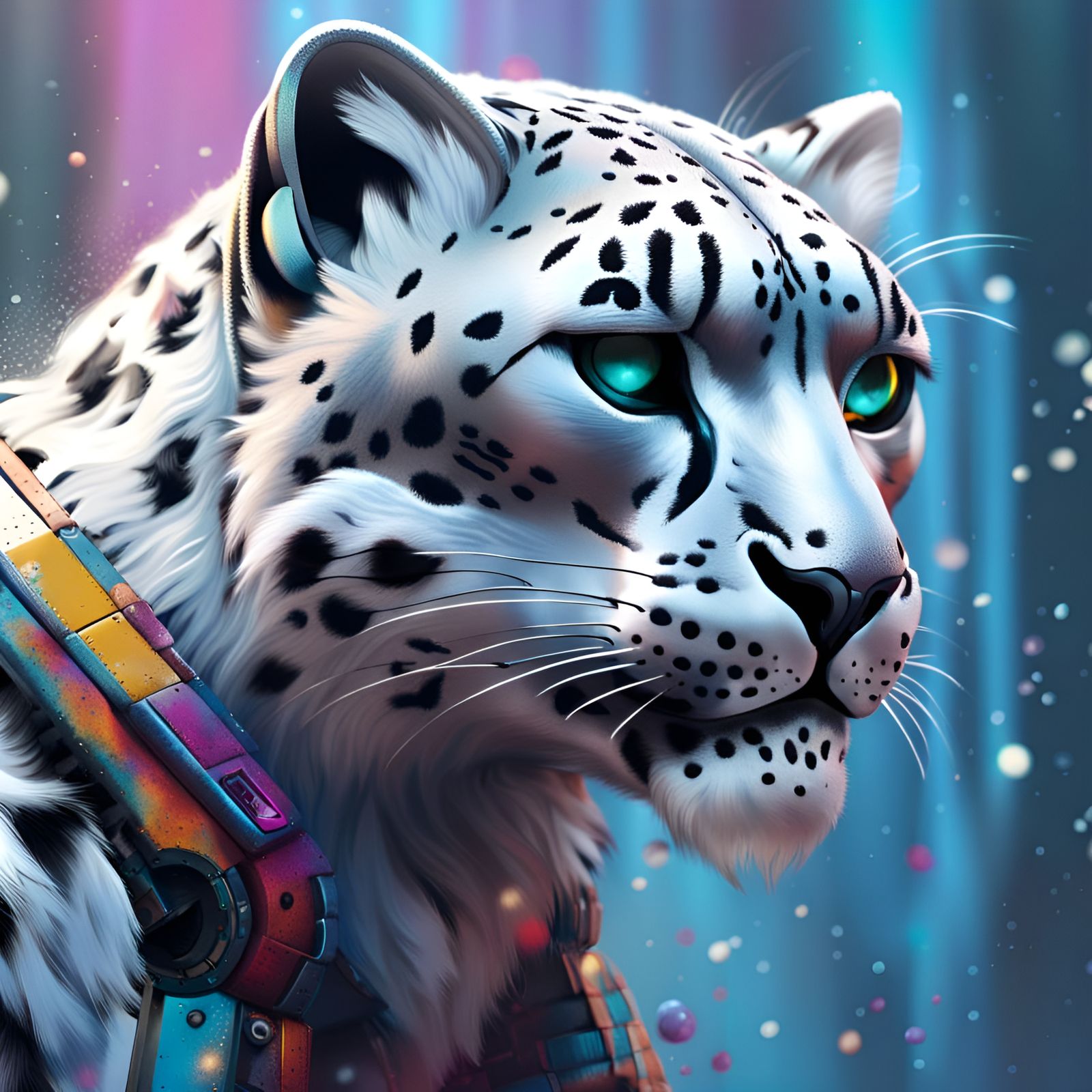 Robot Snow Leopard in Hyperrealistic Splash Art