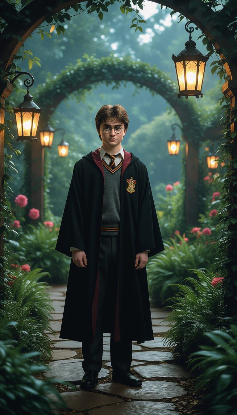 Harry Potter in Lantern Light, Cinematic Garden Scene