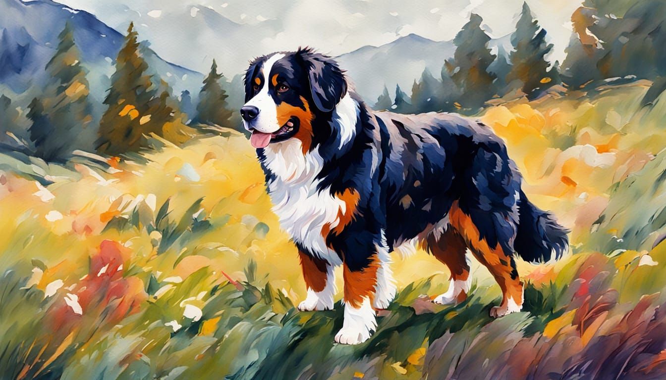 Handsome Bernese Shepherd Dog in Gouache Style
