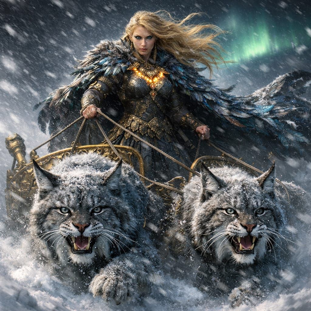 Norse Goddess Freyja Charging Through Blizzard in Chariot