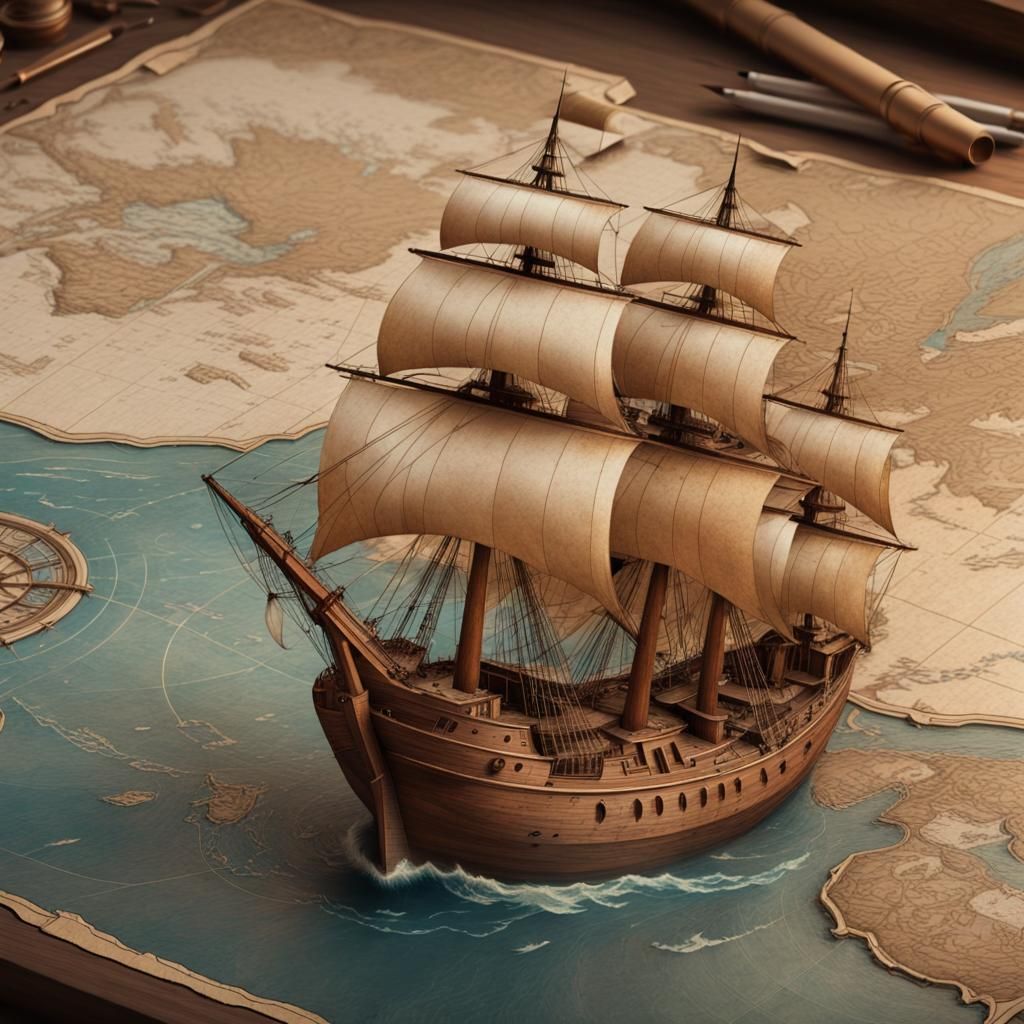 Detailed Antique Map with Wooden Ships