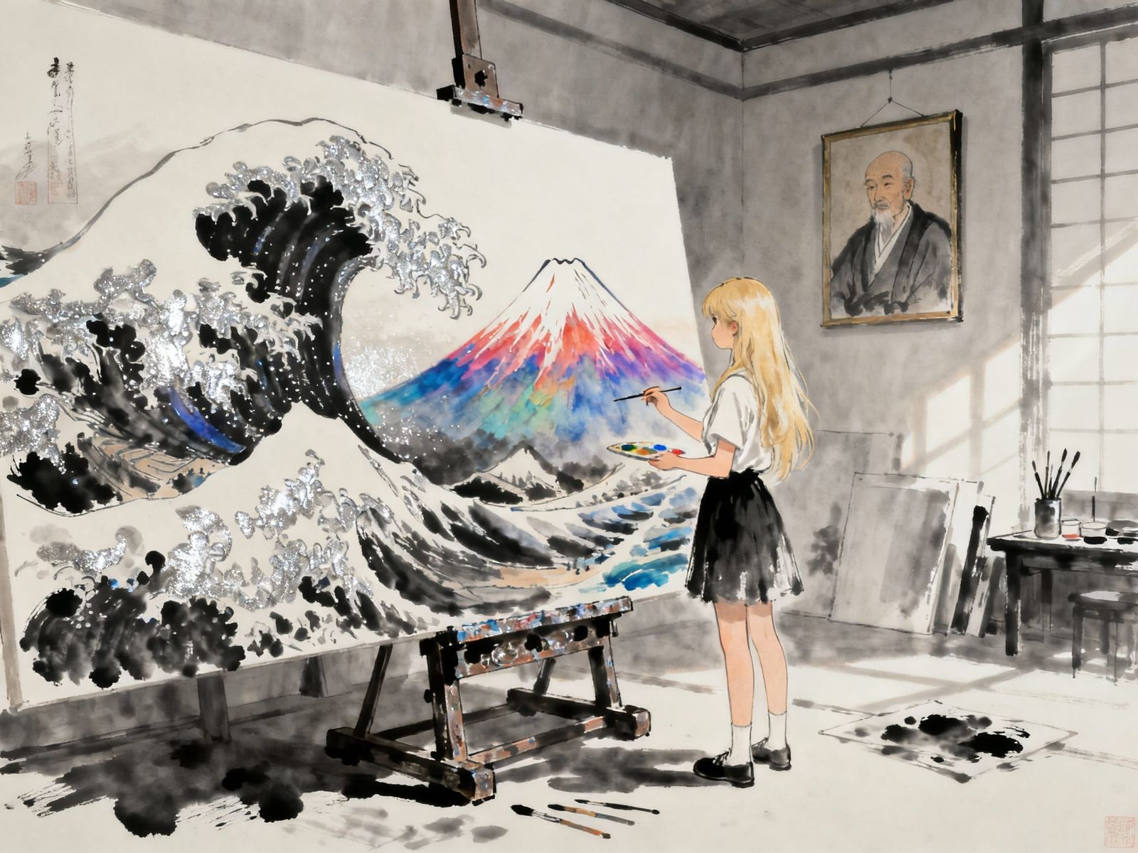 Woman Painting Colorful Mount Fuji in Monochrome Studio