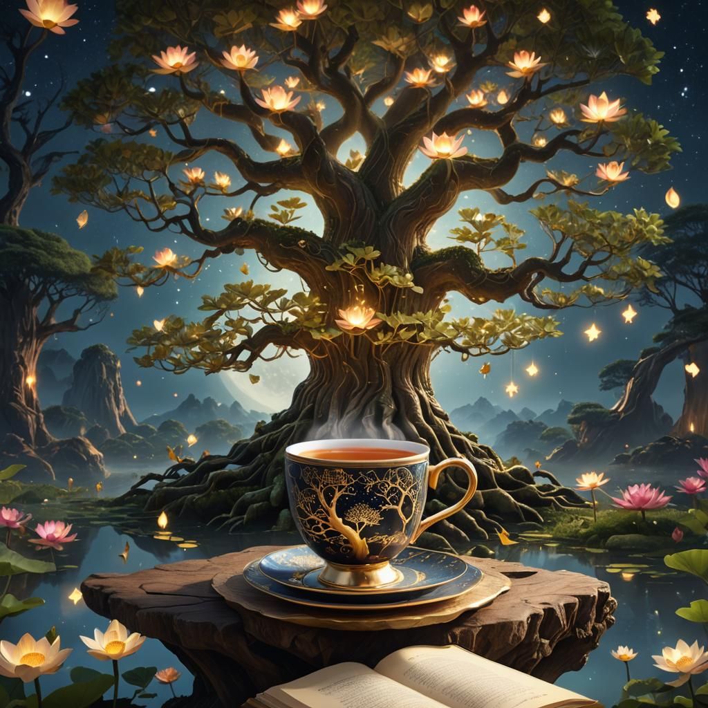 Magical Tea Ceremony with Lotus Flowers and Tree of Life