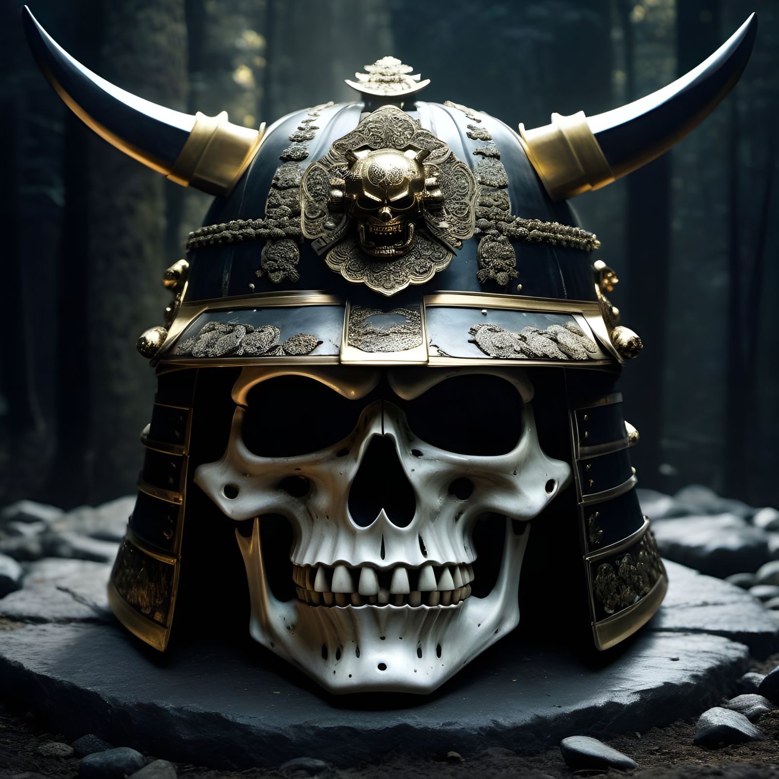 Ornate Samurai Helmet on Battlefield Skull