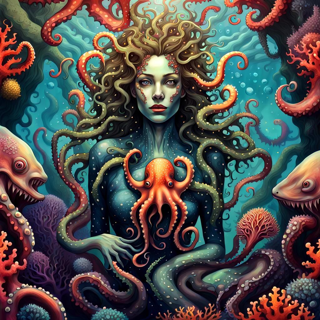 Humanoid Octopus Monster Woman in Psychedelic Art