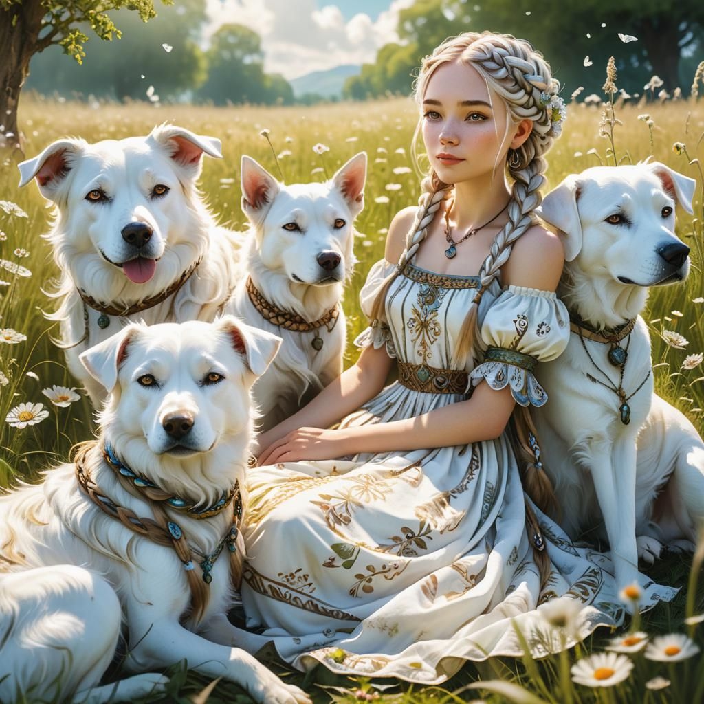 Girl with Dogs in Sunlit Meadow, Watercolor Faerie Style
