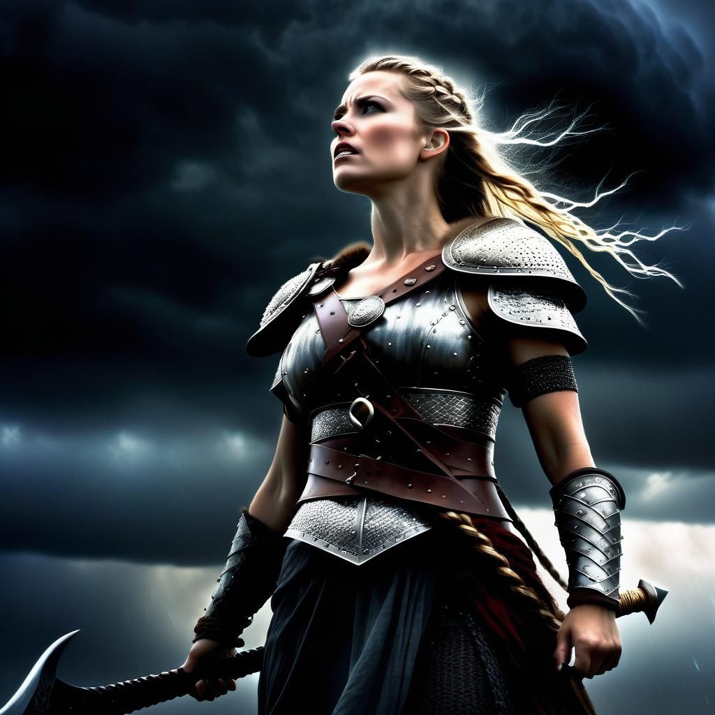 Viking Warrior Woman Against Stormy Sky