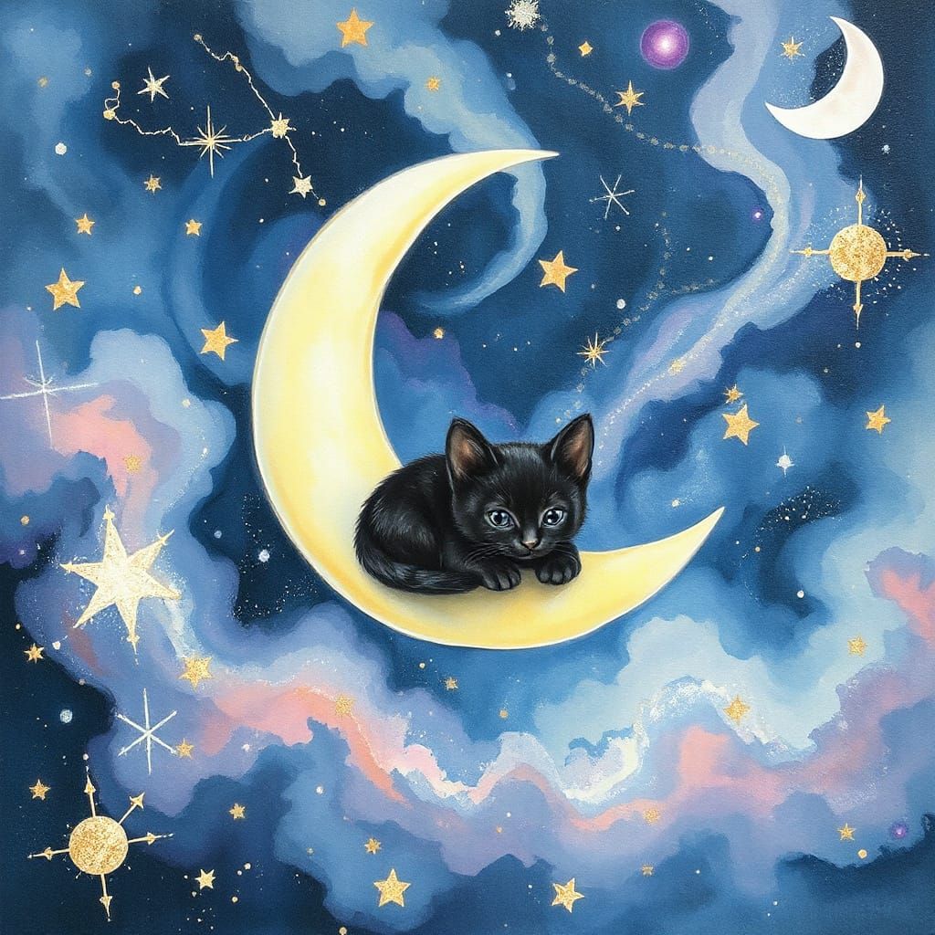 Bejeweled Kitten Moon in Watercolor Starry Sky