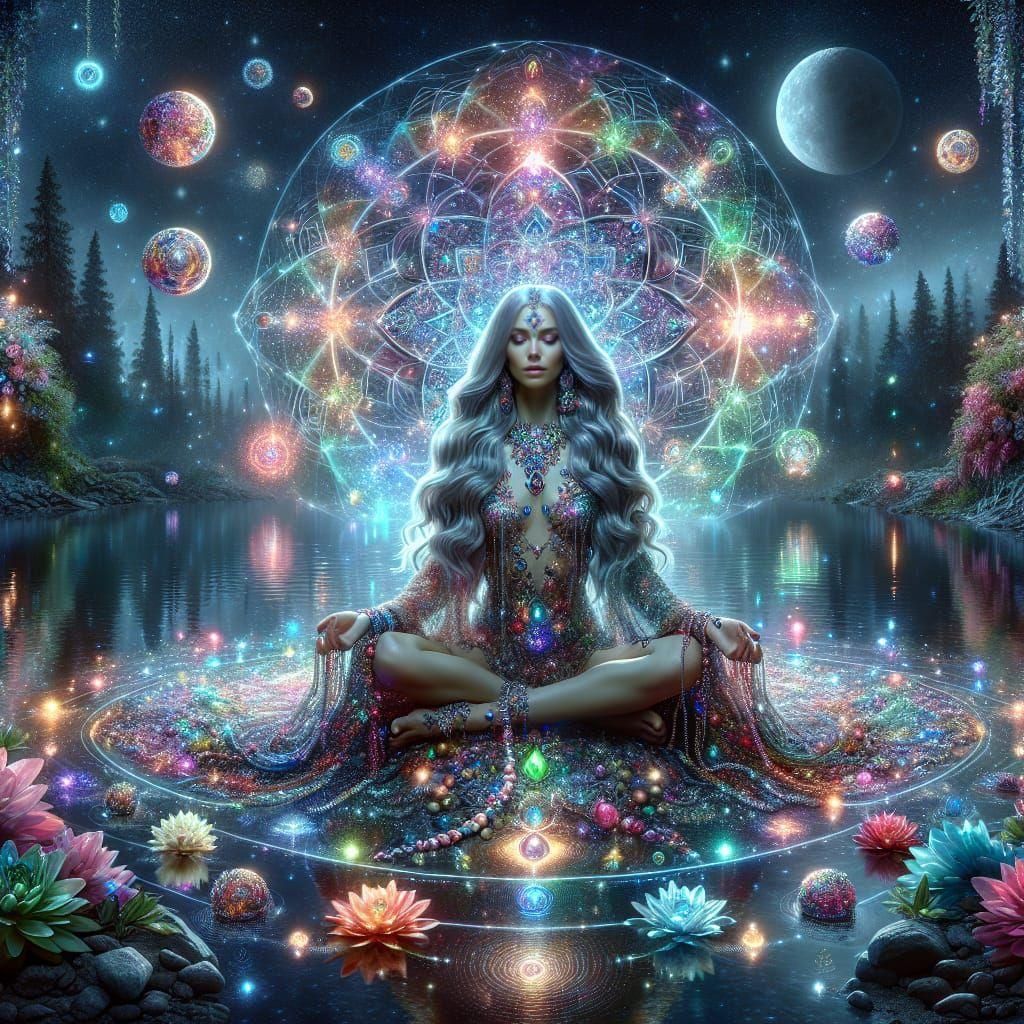 Mystical Goddess in a Celestial Garden of Vibrant Flowers an...