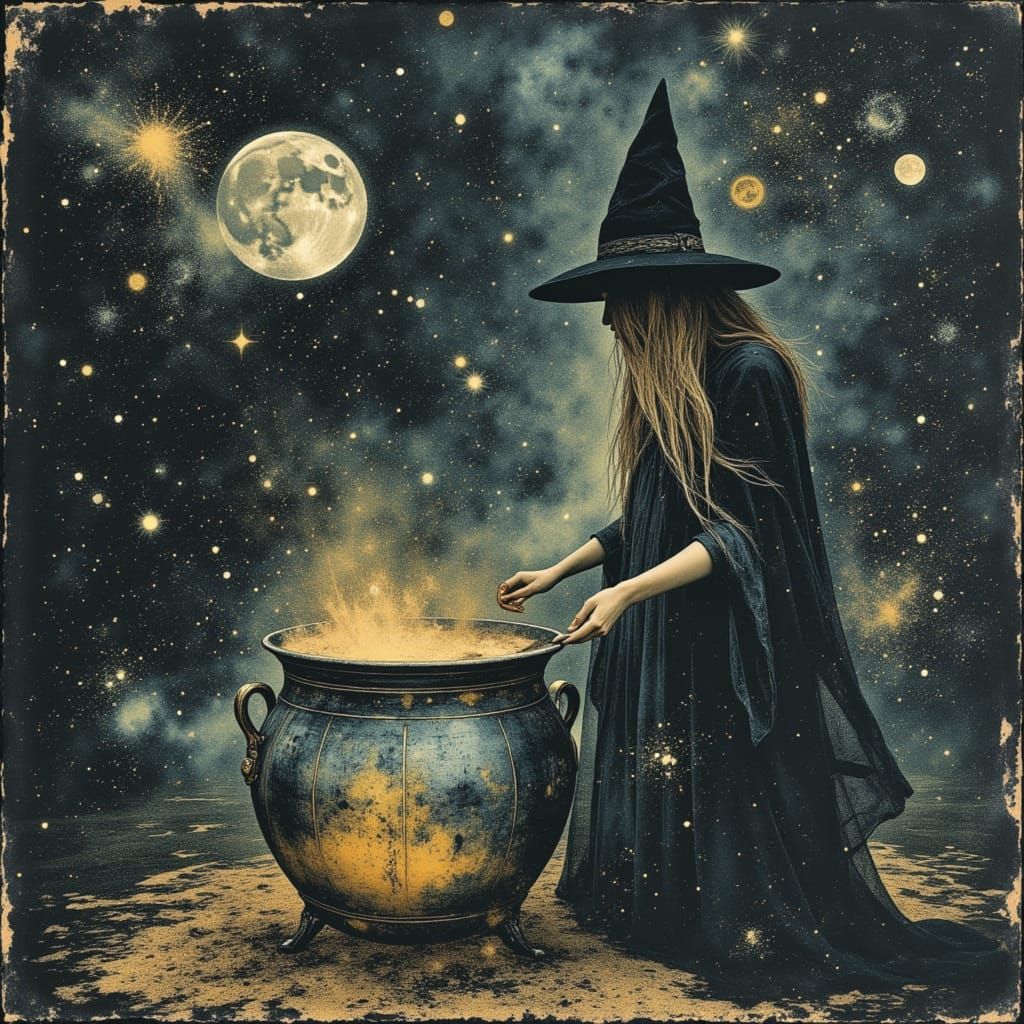 Cosmic Witch Brewing Stardust Potions, Art Nouveau Style