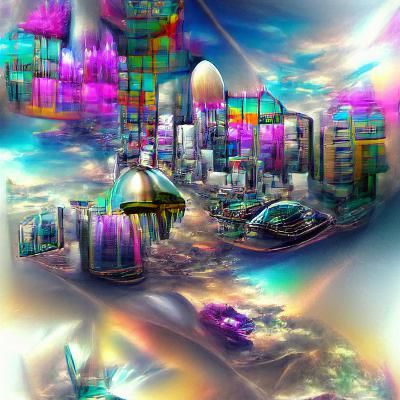 Futuristic City in the Sky: Hyperrealistic Iridescent Art