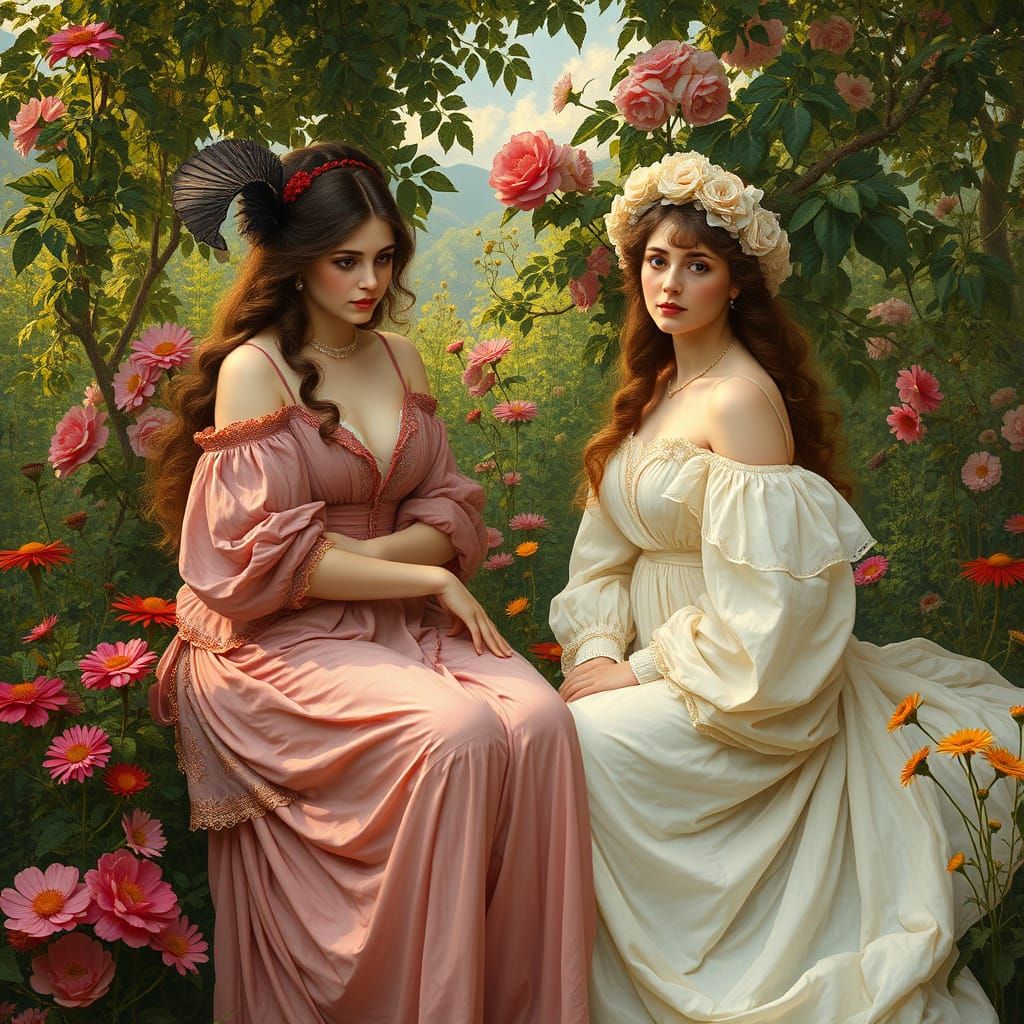 Elegant Women in a Pre-Raphaelite Garden