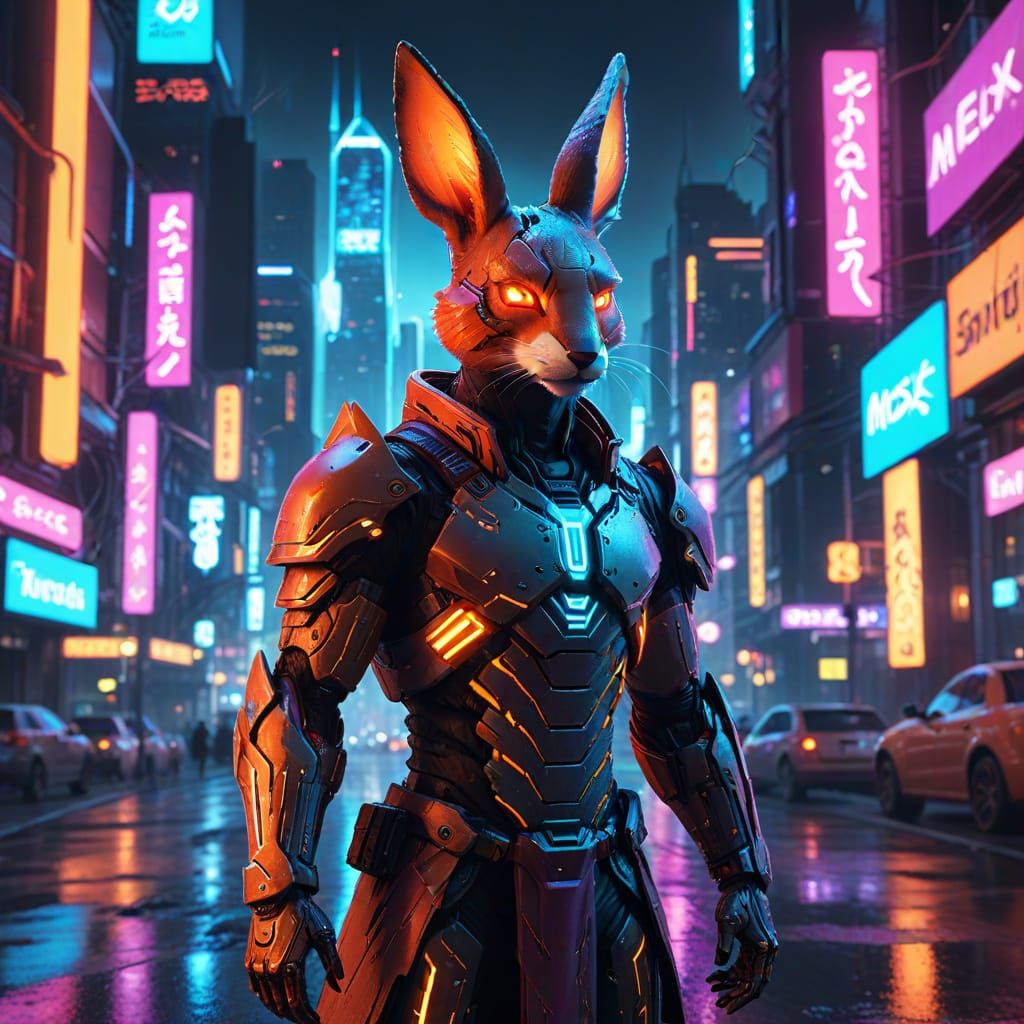 Cyberpunk Monk in Neon Armor, Iridescent Details