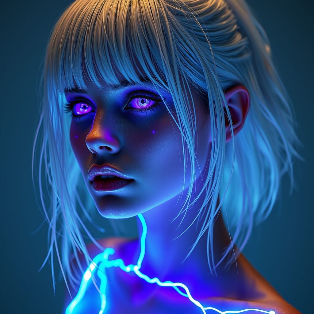 Cyberpunk Goddess with Glowing Cables and Tree-Shaped Scars
