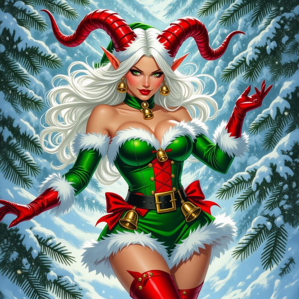 Festive Tiefling Elf in Snowy Forest, in Oil Painting Style