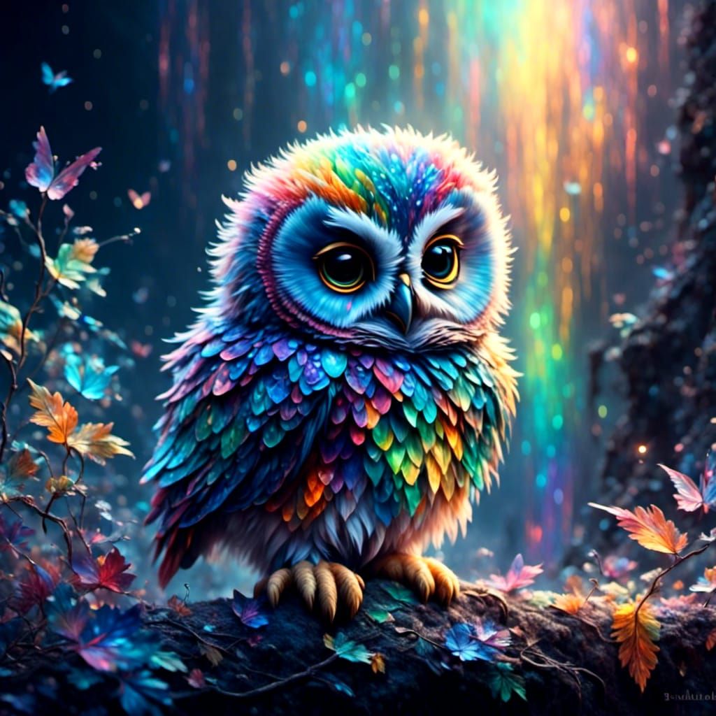 Iridescent Baby Owl in Moonlight, Tonalist Oil Painting