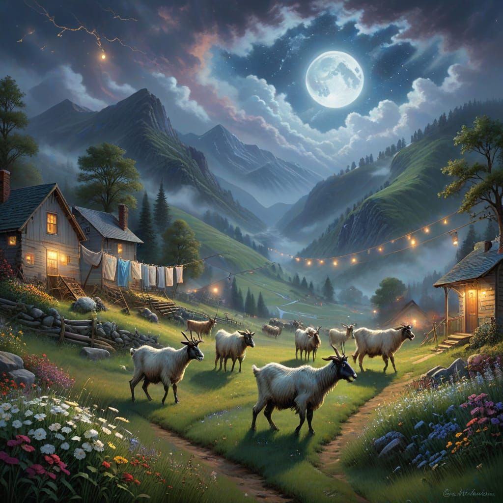 Goats Stealing Laundry Under Moonlight in Kinkade Style