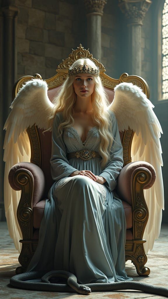 Regal Female Angel in Gothic Throne Room