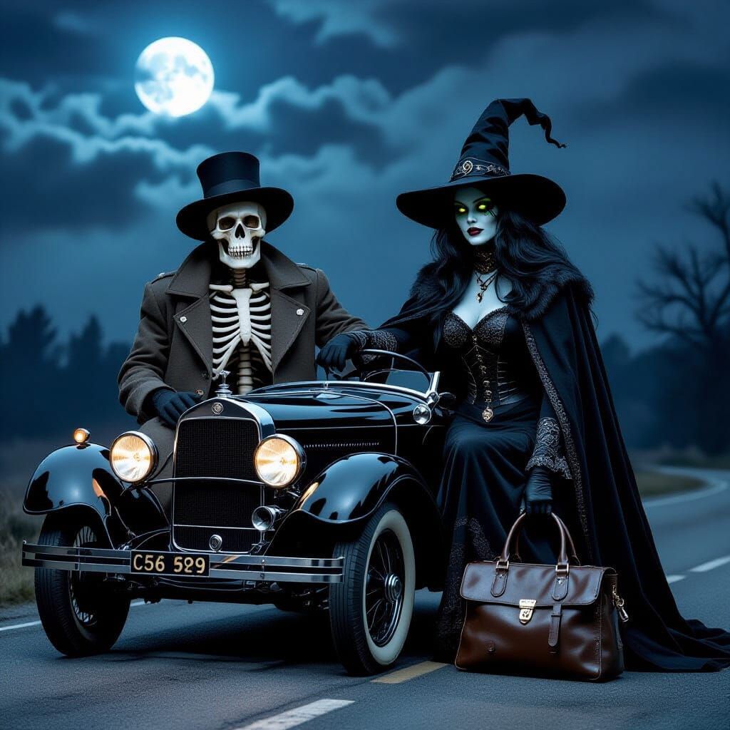 Skeleton Driver on a Desolate Road