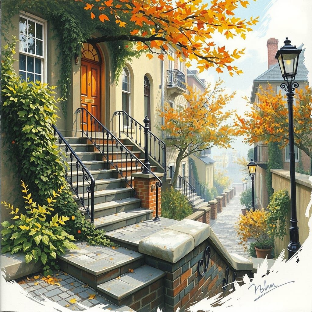 Cobblestone Steps Ascend in Autumnal Impressionism