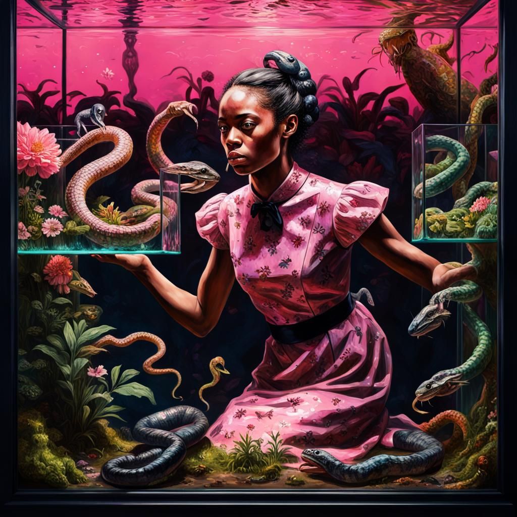 Woman Trapped with Snakes: Hyperrealistic Splash Art