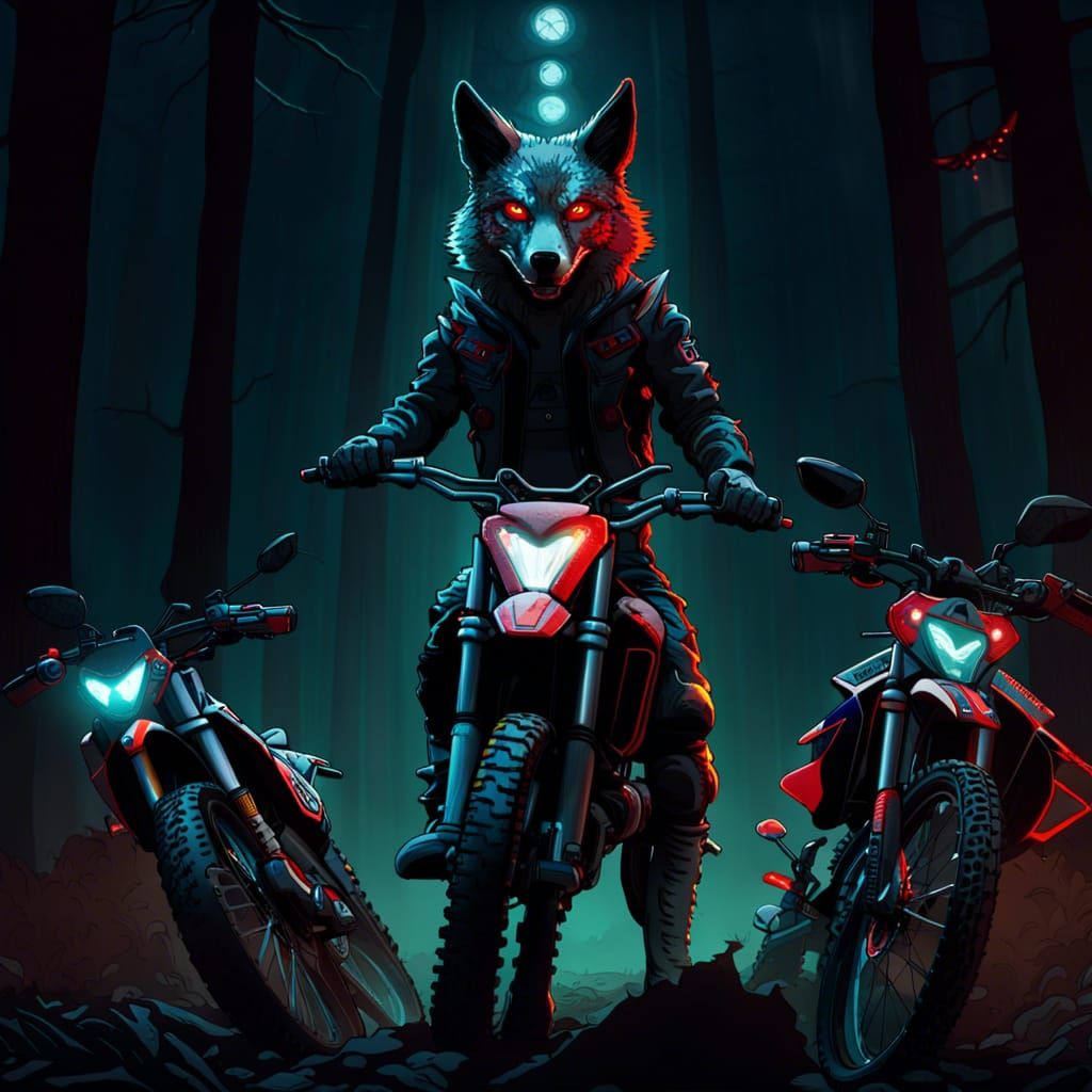 Coyote in Dark Forest with Dirt Bikes