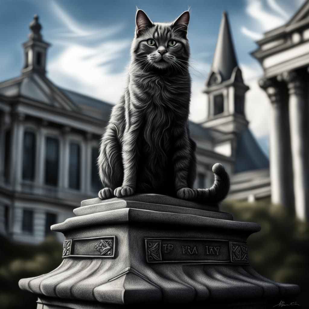 Cat on Terry Pratchett Statue: Charcoal Drawing