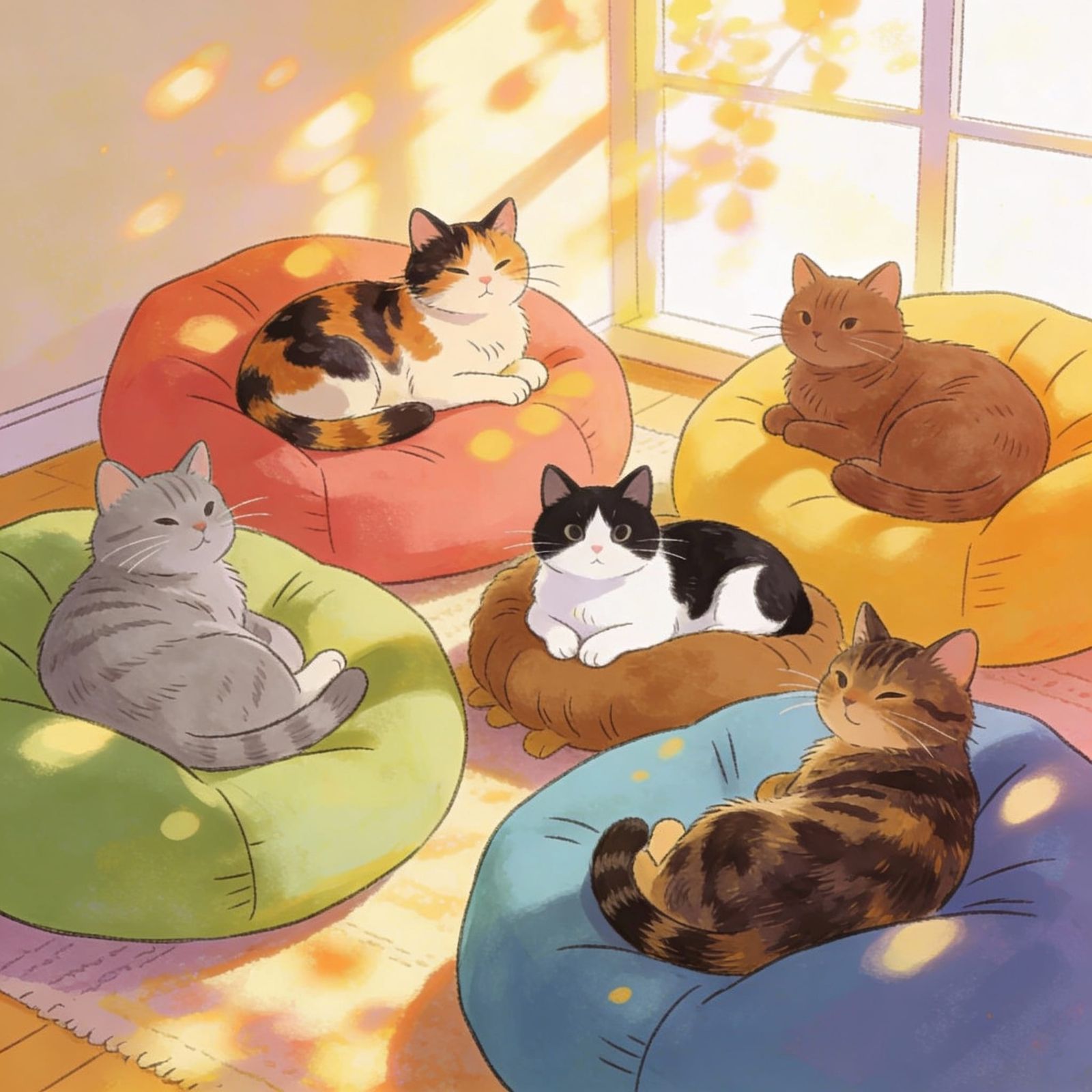 Cats Lounging on Beanbags in Whimsical Illustration Style
